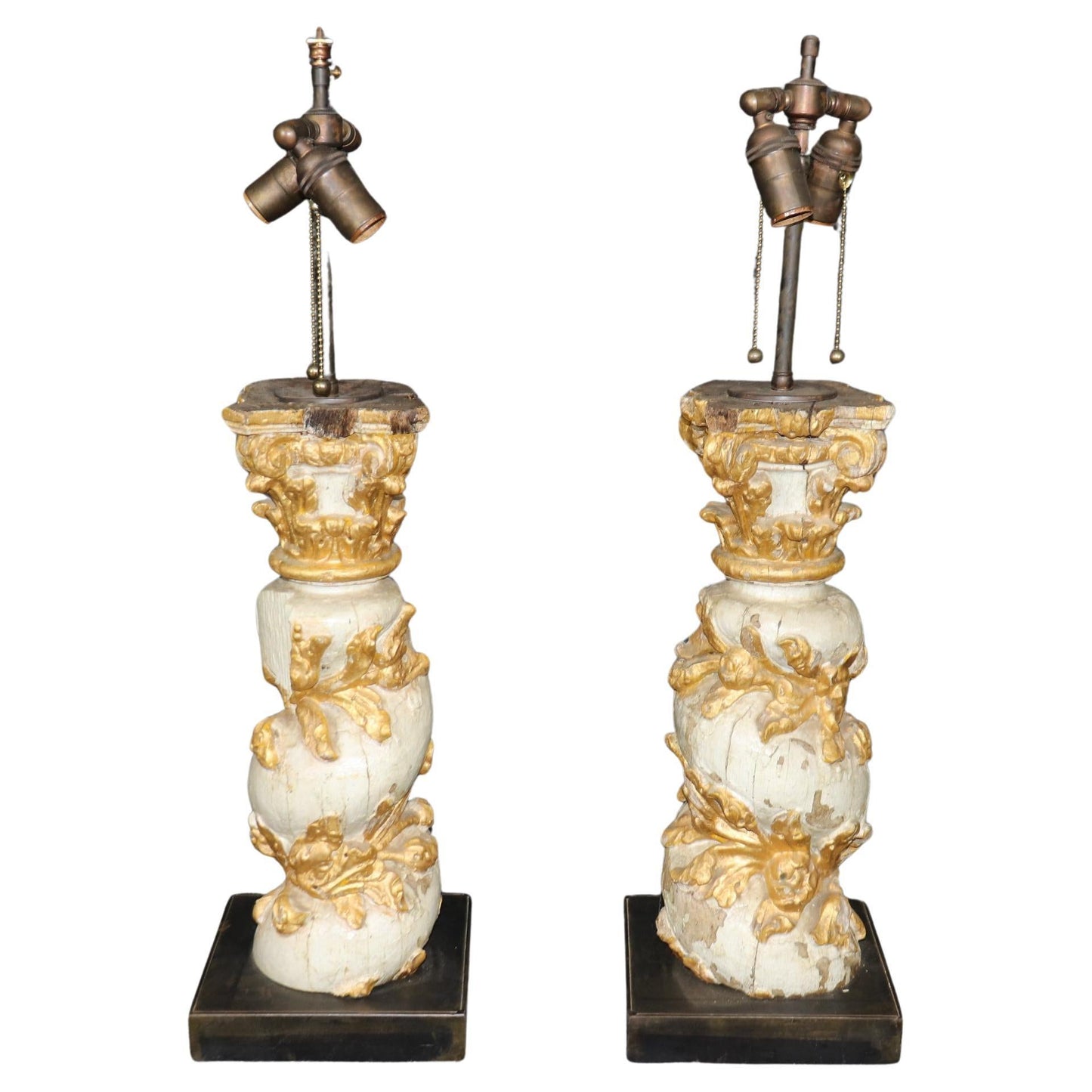 Pair 18th Century Faux Bois Carved Chippy Painted and Gilded Column Lamps