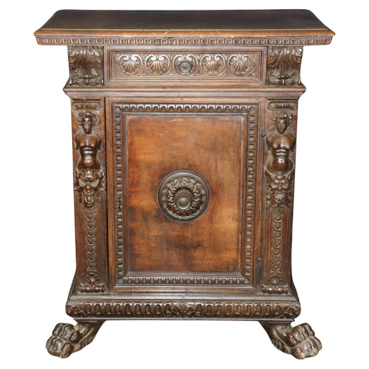 Fine Quality 18th Century Walnut Italian Carved Figural Side Cabinet Commode