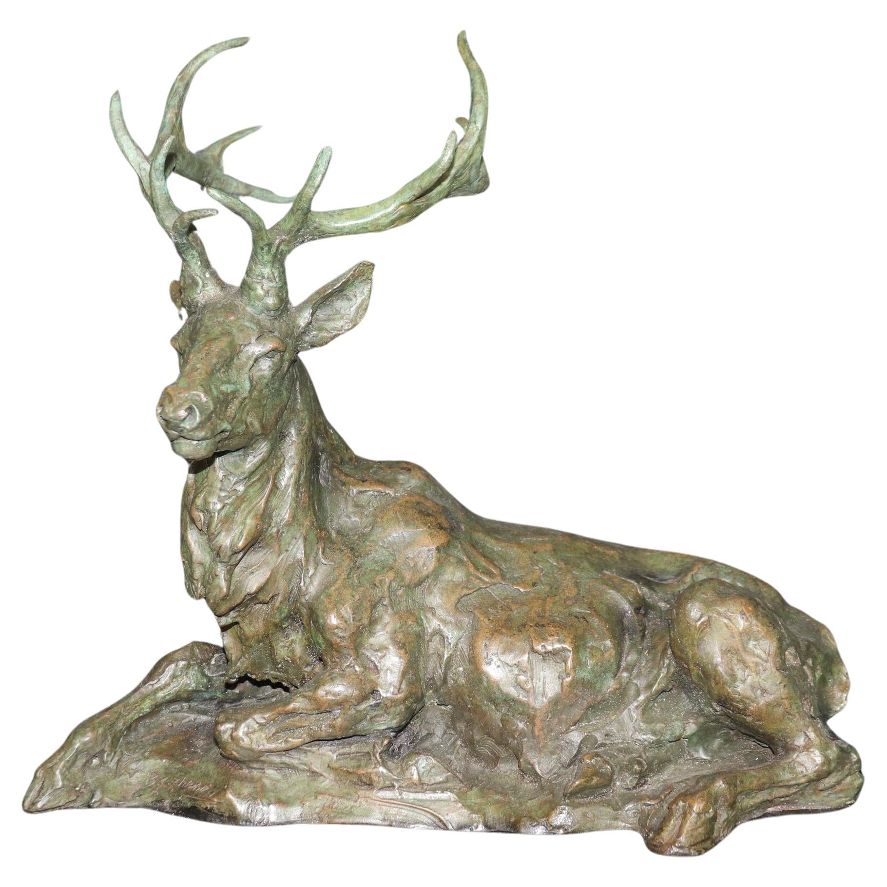 Signed Bronze Statue of Deer with Antlers Manner of Francois Cartier