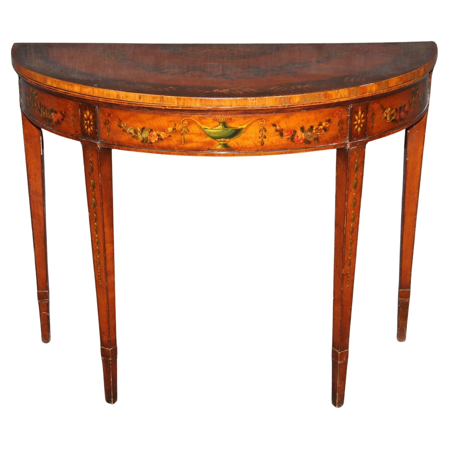 19th century English Adams Style Paint Decorated Leather Top Demilune Table