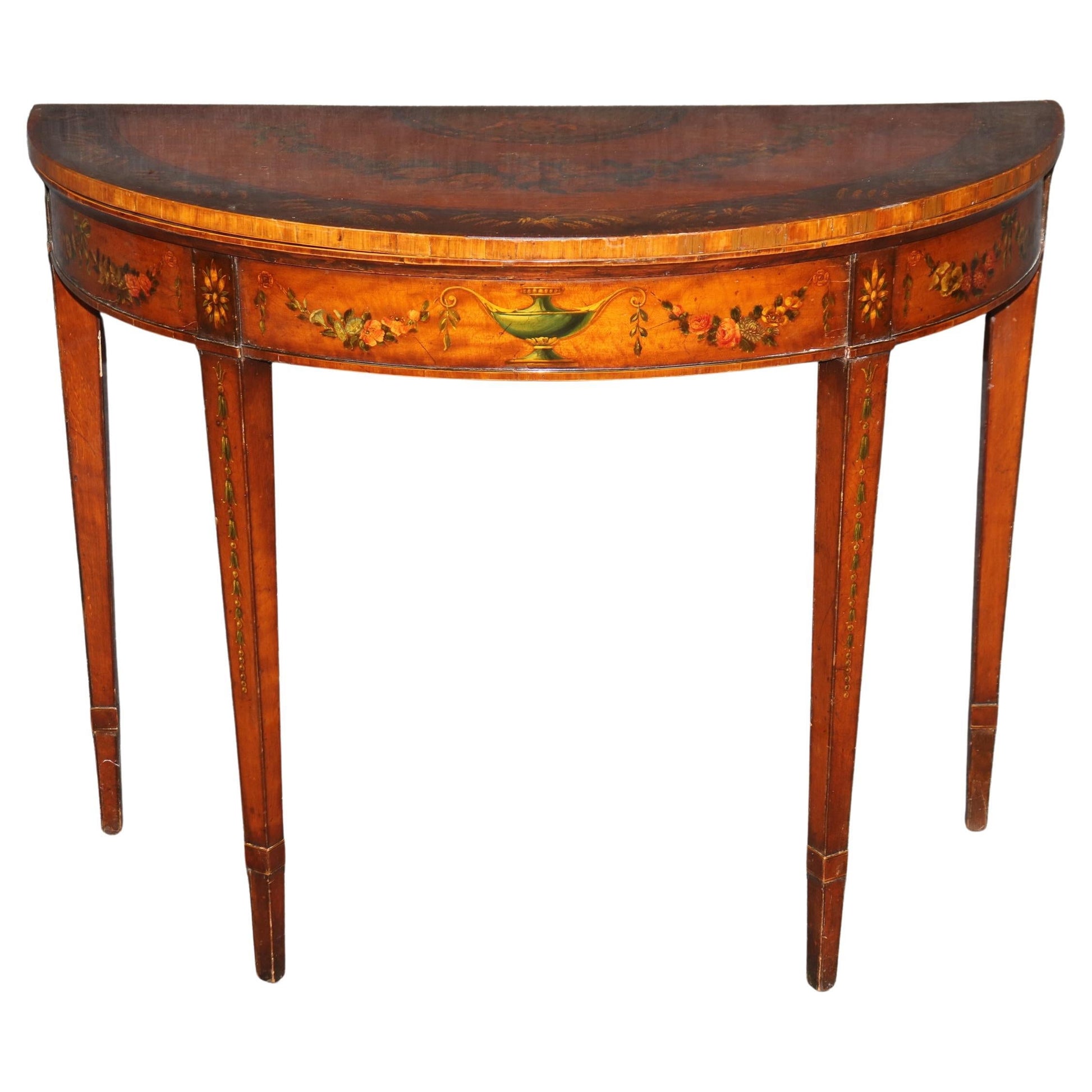 19th century English Adams Style Paint Decorated Leather Top Demilune Table