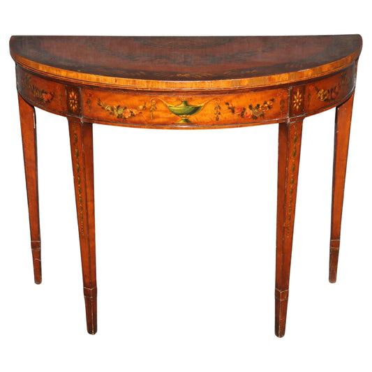 19th century English Adams Style Paint Decorated Leather Top Demilune Table