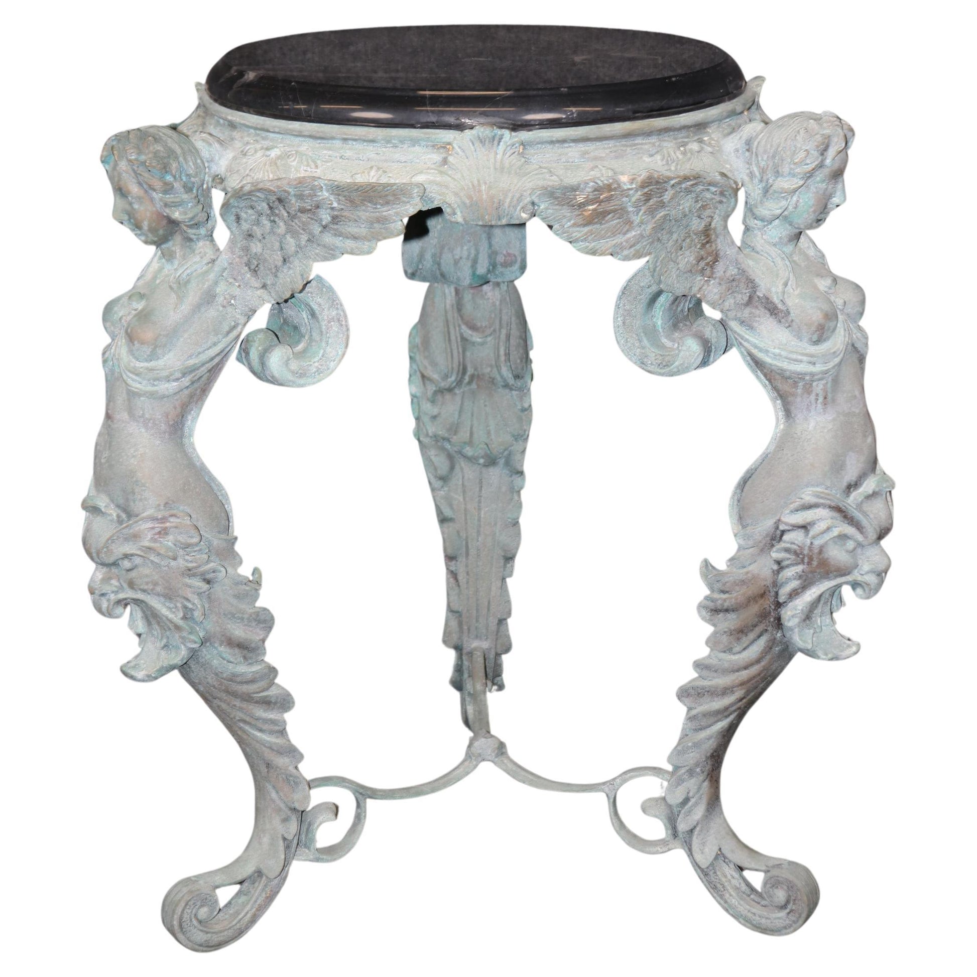 Metal Figural Victorian Style Bronze Finished Metal Marble Top Pedestal Table