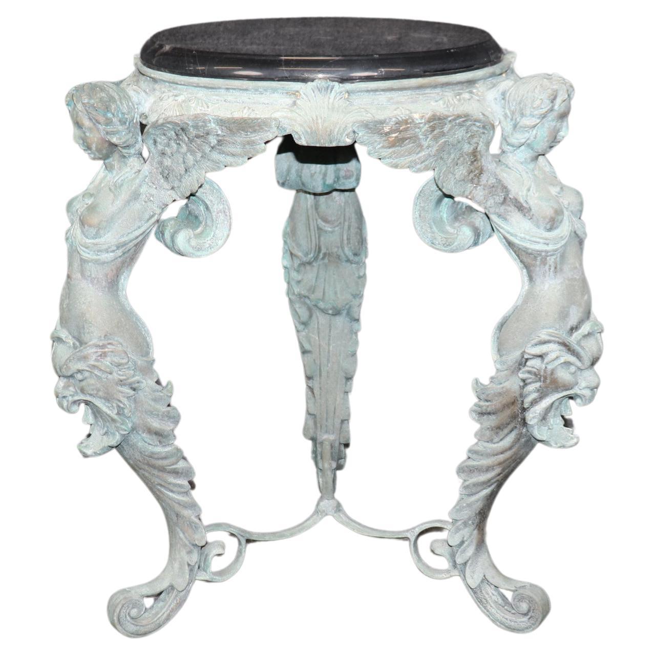 Metal Figural Victorian Style Bronze Finished Metal Marble Top Pedestal Table