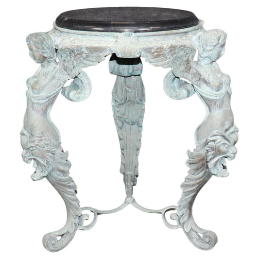 Metal Figural Victorian Style Bronze Finished Metal Marble Top Pedestal Table