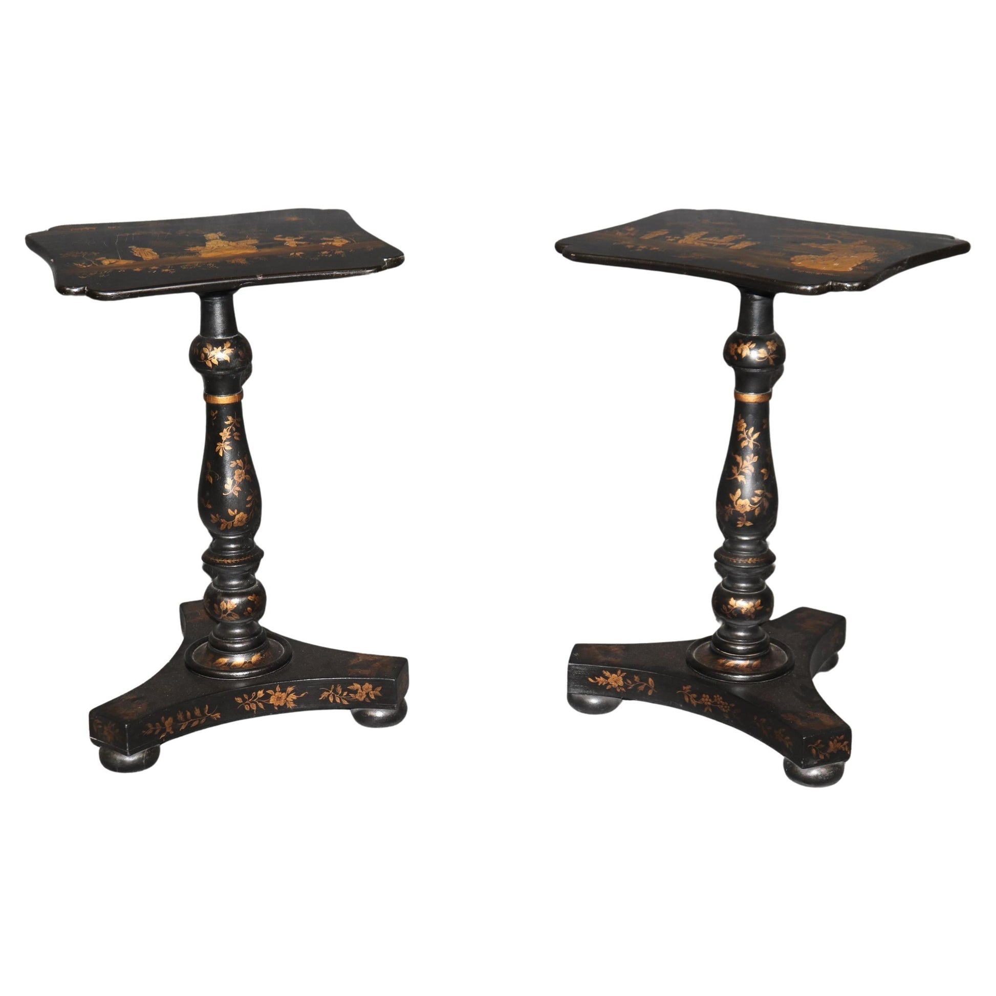 Pair of Black Lacquered George III Style English Chinoiserie End Tables