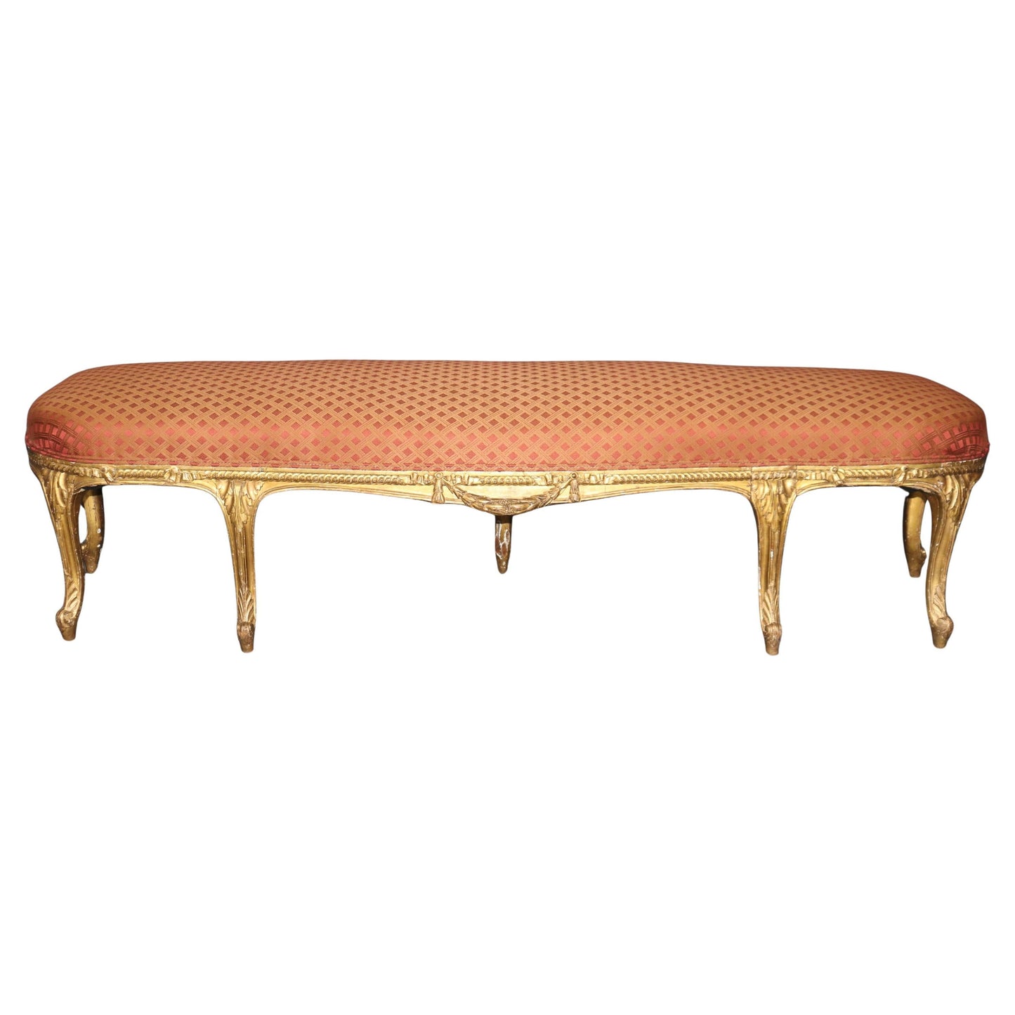 Outstanding French Louis XV Style Gilt Upholstered Bench for Queen or King Bed