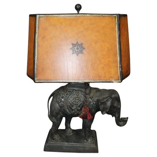 Maitland Smith Cast Bronze Elephant Lamp with Leather Shade