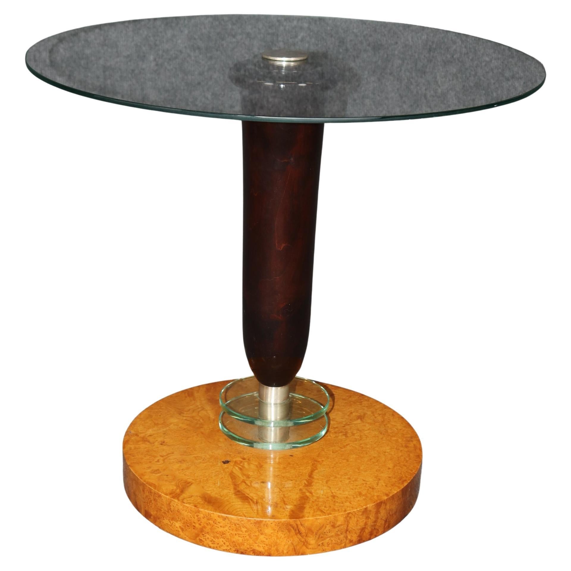 Superb Figured Polished Birch and Mahogany Glass Art Deco End Table