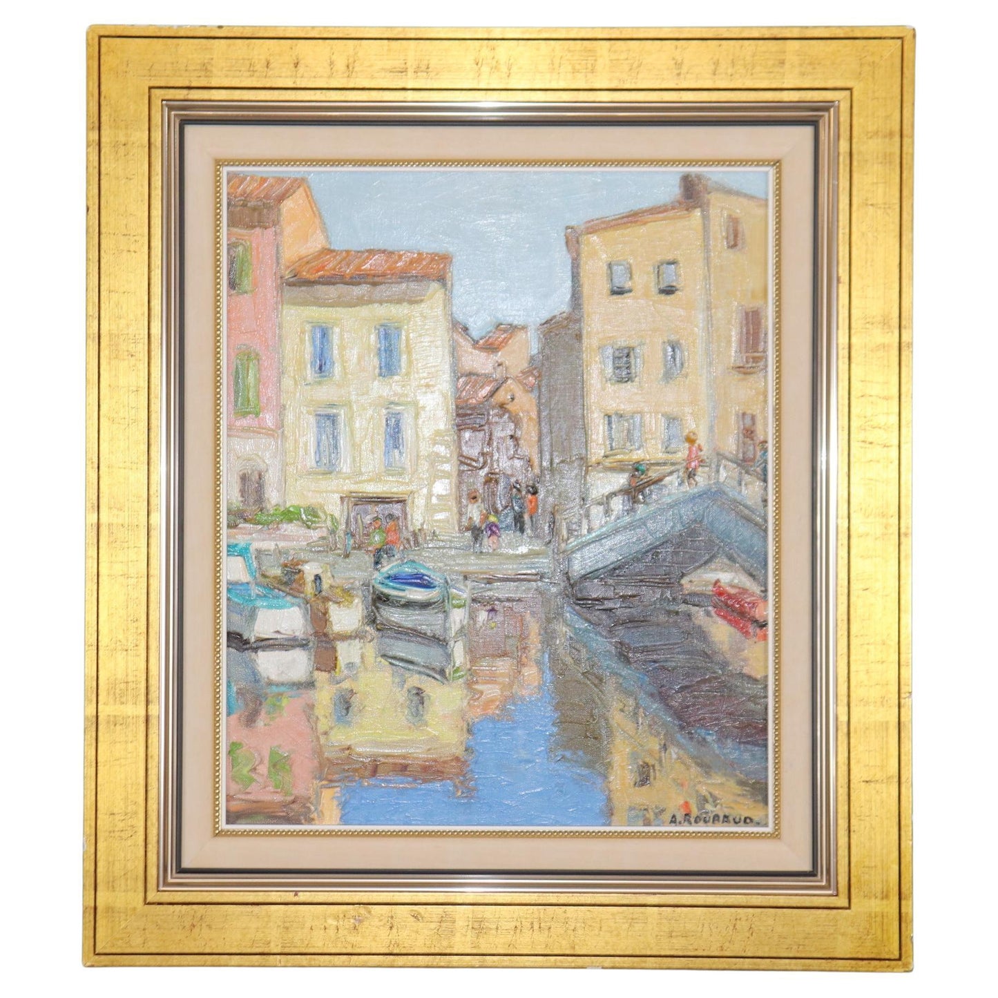 Bright Impressionist Oil painting of French Town Signed A. Roubaud Gilded Frame