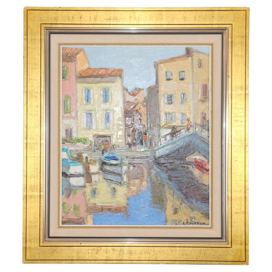 Bright Impressionist Oil painting of French Town Signed A. Roubaud Gilded Frame