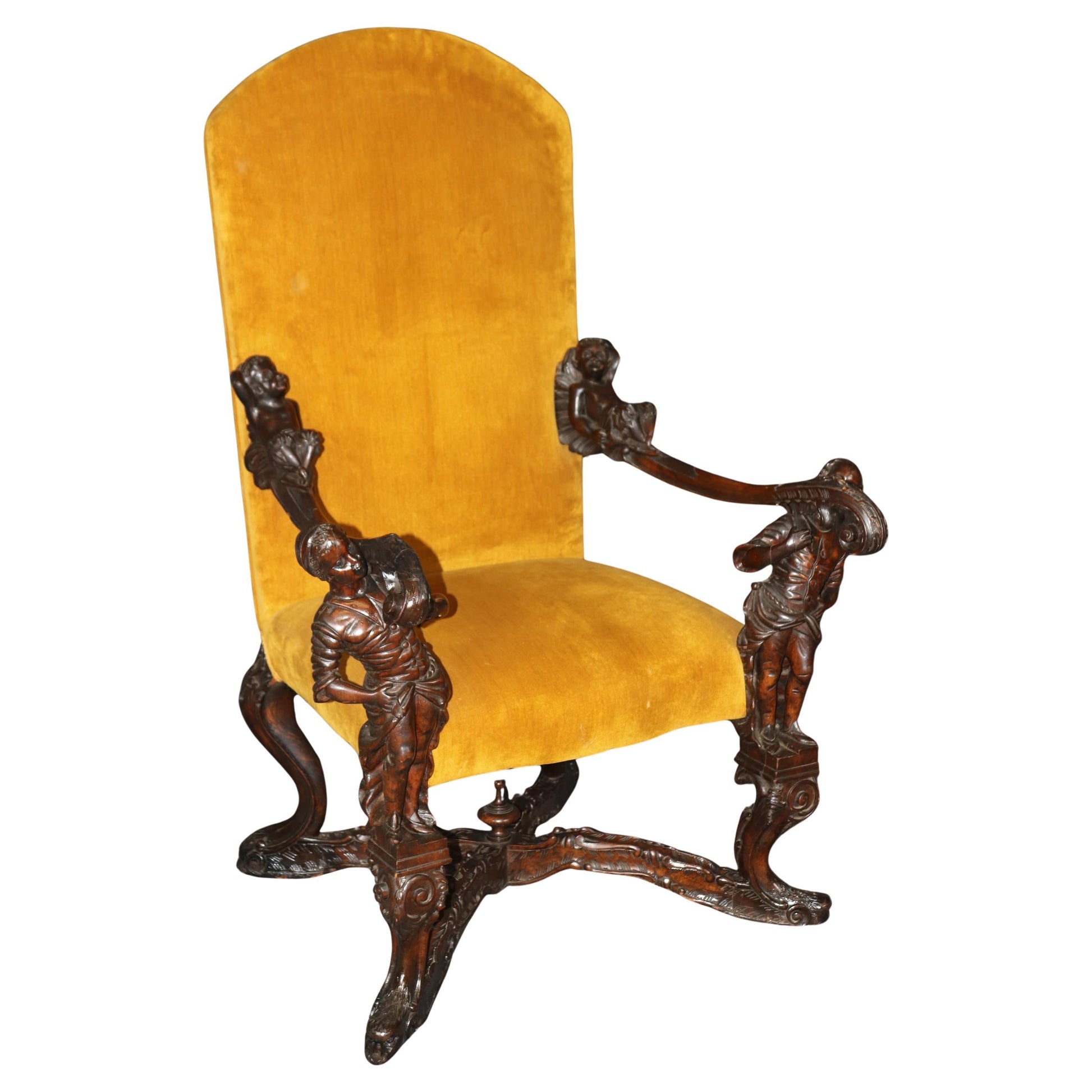 Antique 1920s era Figural Carved Mahogany Throne Chair Manner Andrea Brustolon