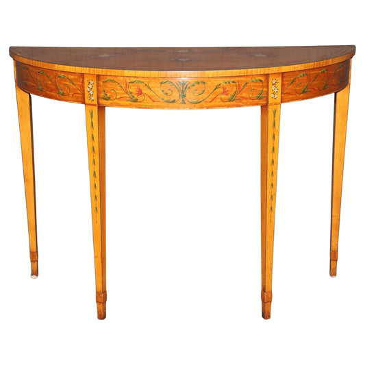 Adams Style Paint Decorated English Satinwood Demilune Console Table