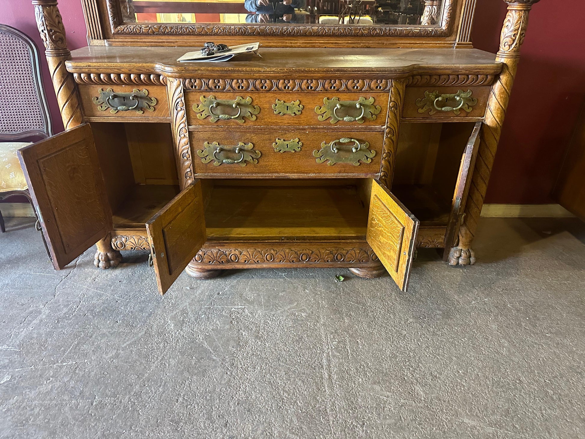 Rare Figural Quarter Sawn Tiger Oak Victorian Breakfront Backbar Sideboard