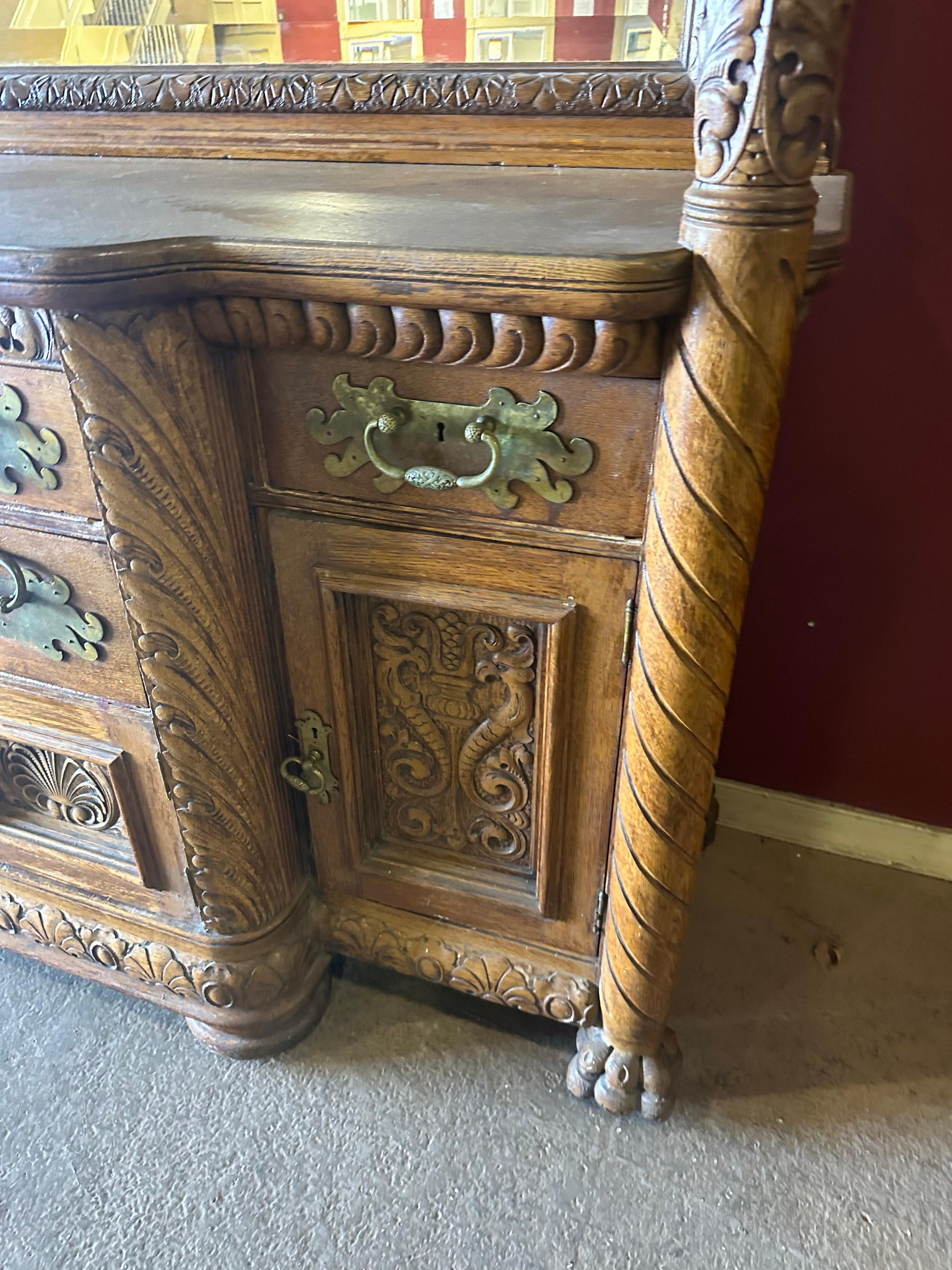 Rare Figural Quarter Sawn Tiger Oak Victorian Breakfront Backbar Sideboard