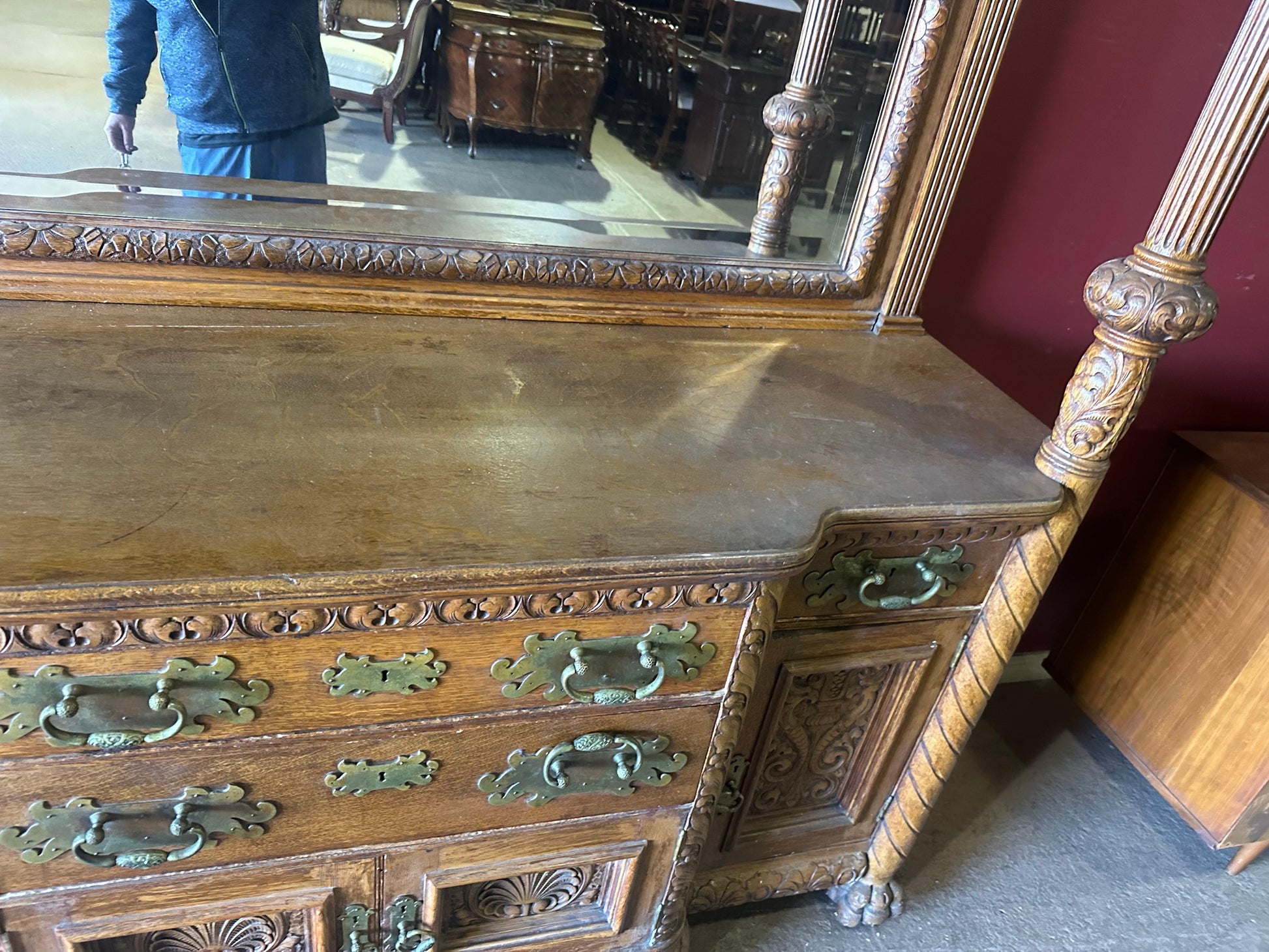 Rare Figural Quarter Sawn Tiger Oak Victorian Breakfront Backbar Sideboard