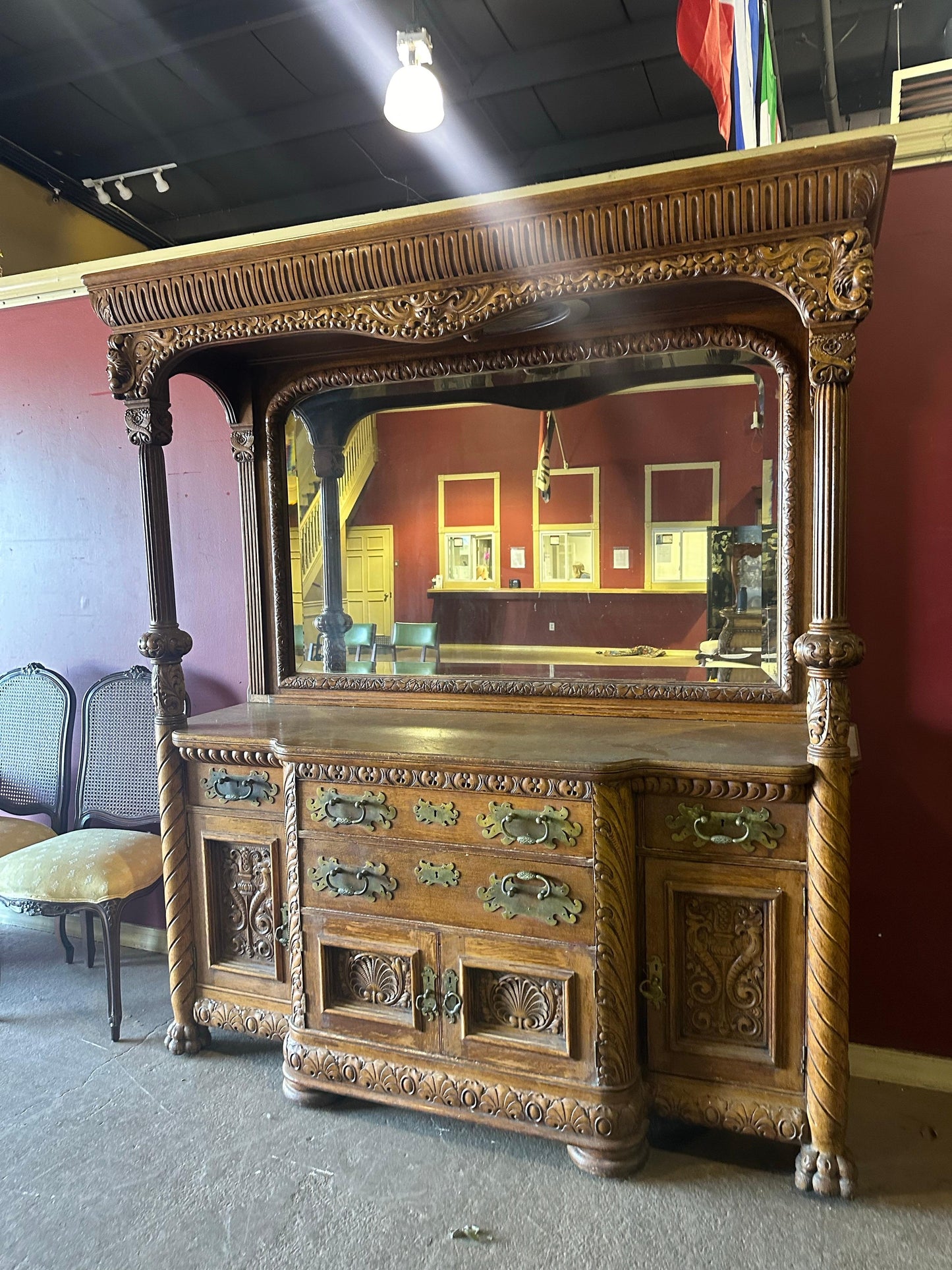 Rare Figural Quarter Sawn Tiger Oak Victorian Breakfront Backbar Sideboard