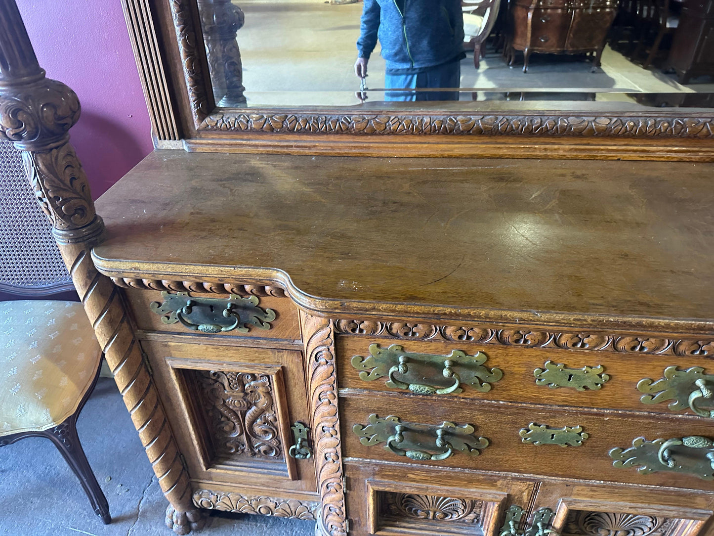 Rare Figural Quarter Sawn Tiger Oak Victorian Breakfront Backbar Sideboard