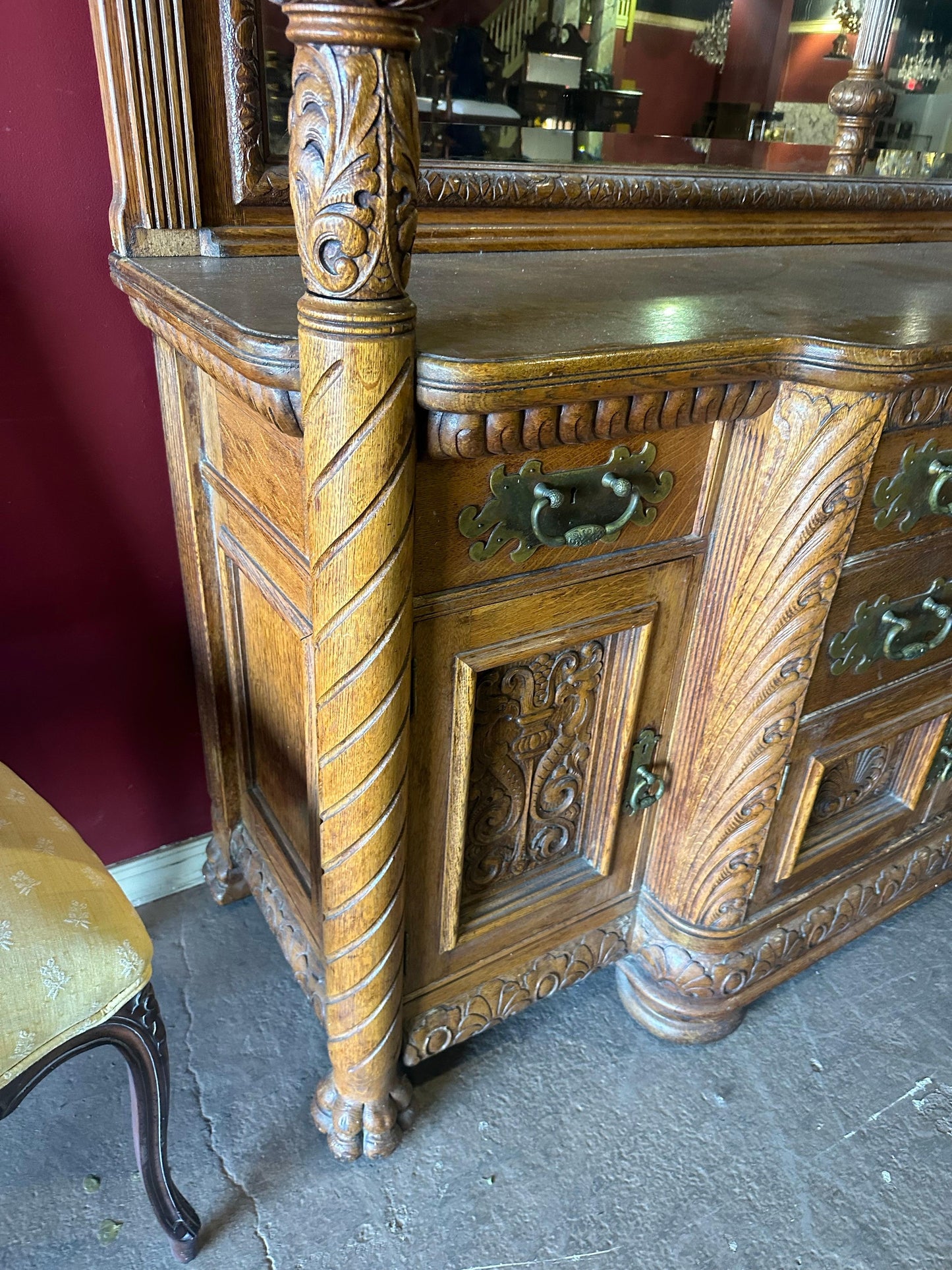 Rare Figural Quarter Sawn Tiger Oak Victorian Breakfront Backbar Sideboard