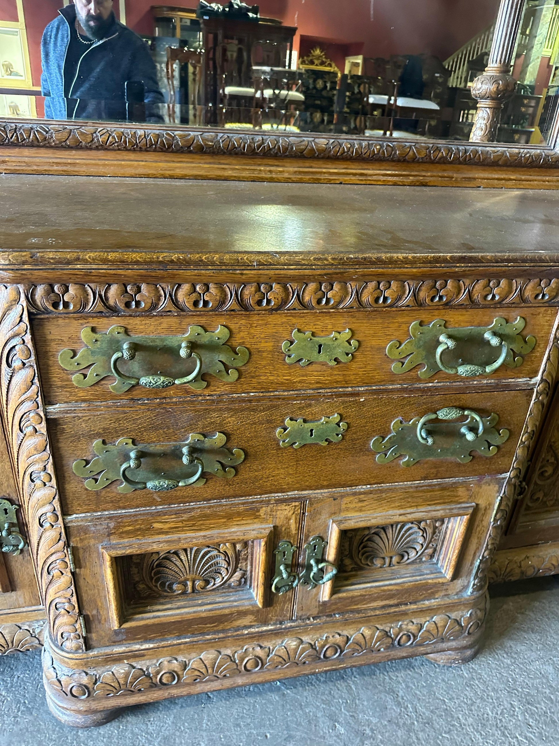 Rare Figural Quarter Sawn Tiger Oak Victorian Breakfront Backbar Sideboard