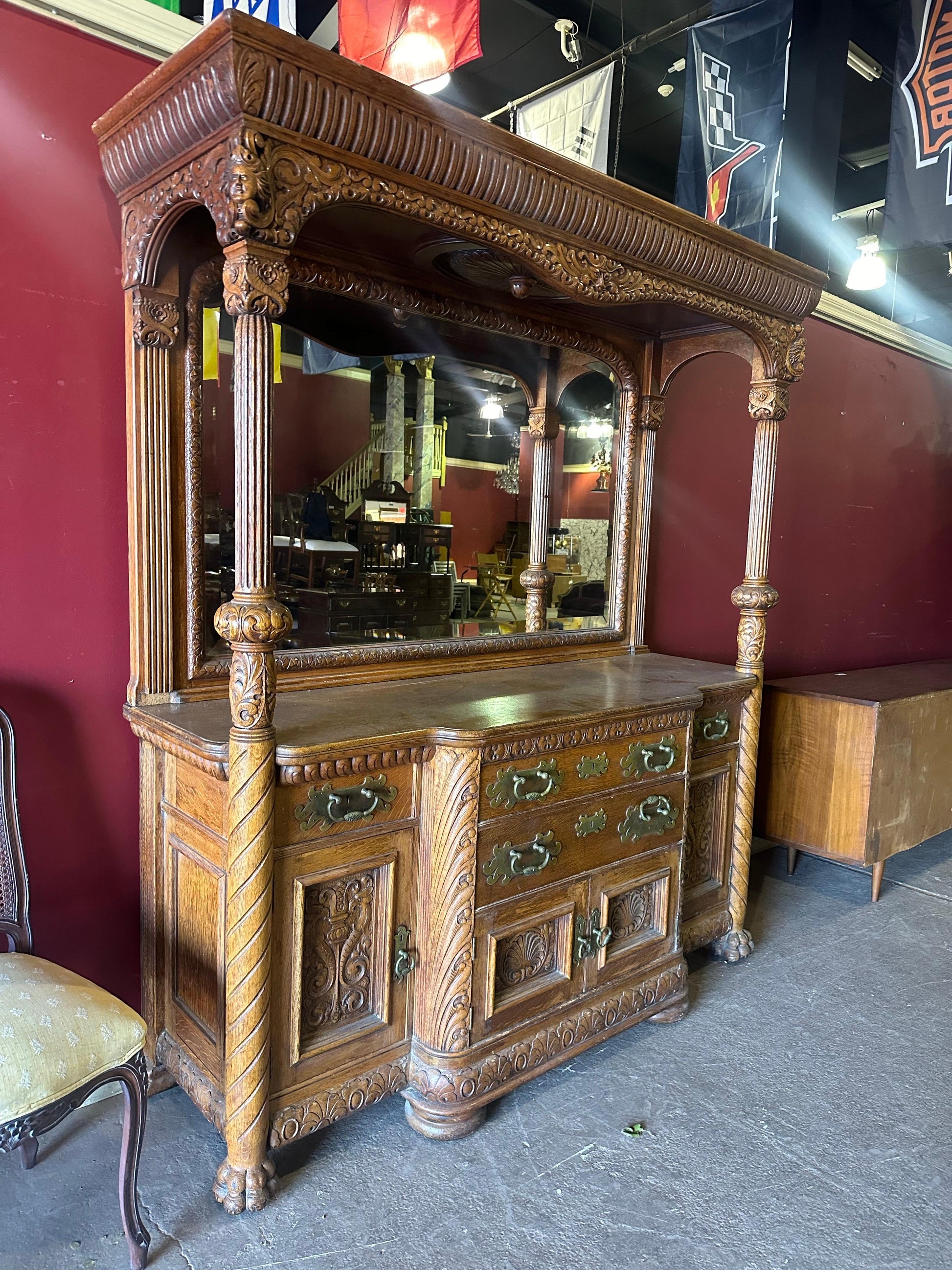 Rare Figural Quarter Sawn Tiger Oak Victorian Breakfront Backbar Sideboard