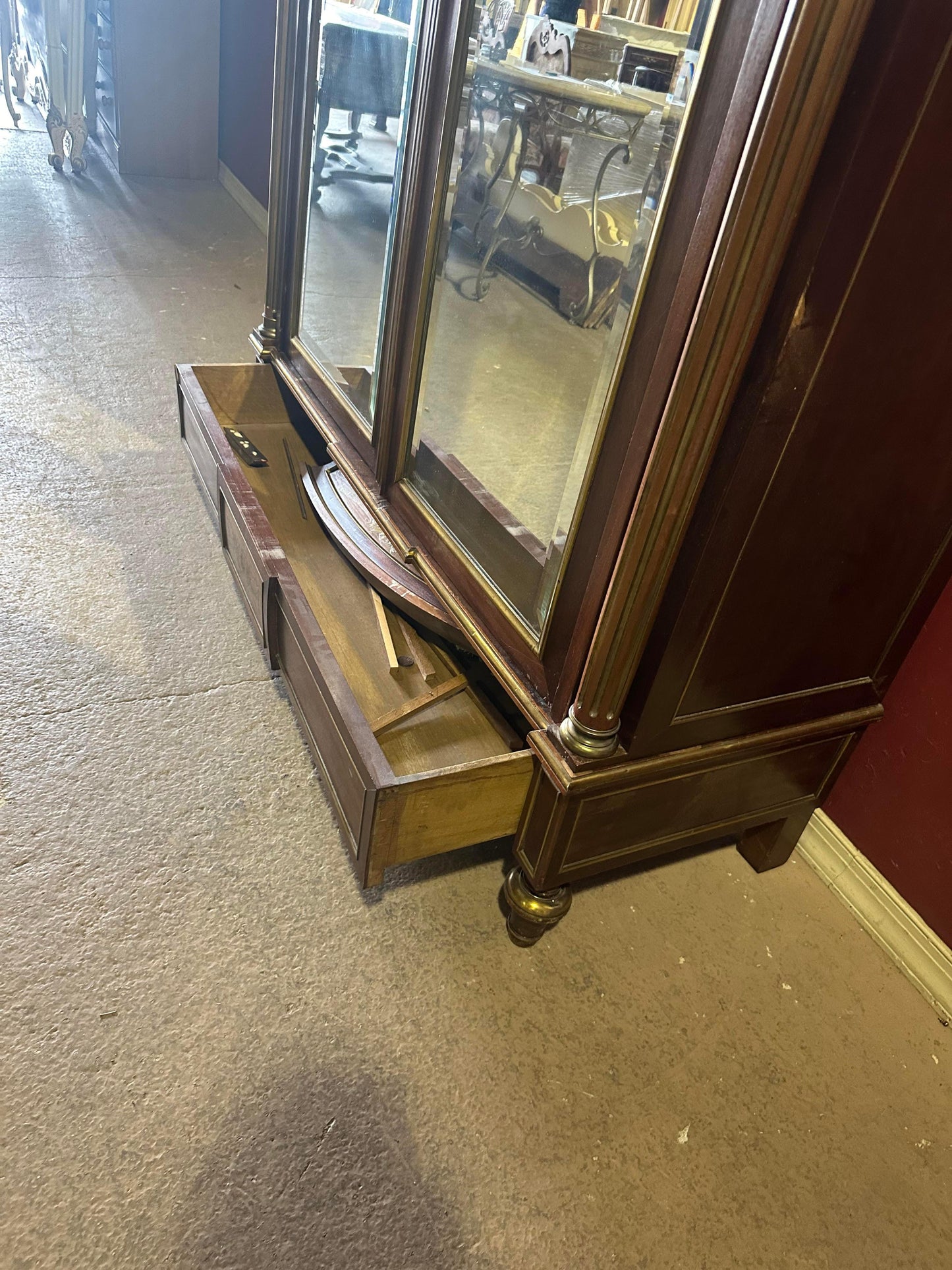 Exceptional Brass Inlaid French Directoire Beveled Mirrored Armoire TV Cabinet