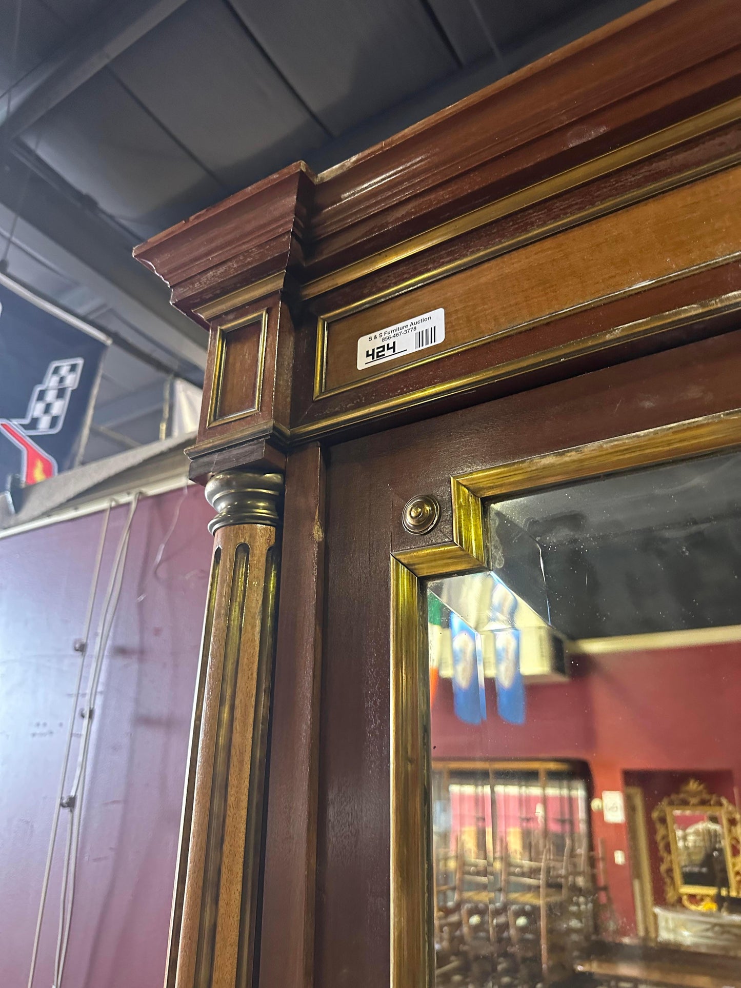 Exceptional Brass Inlaid French Directoire Beveled Mirrored Armoire TV Cabinet