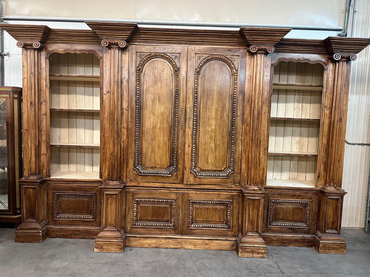 Monumental Carved Pine English Country Paint Decorated Bookshelf Bookcase