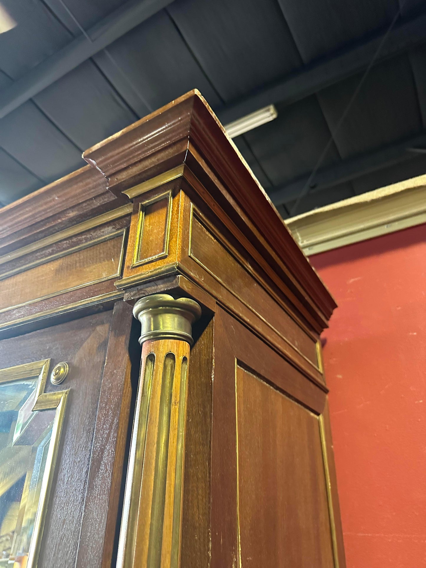 Exceptional Brass Inlaid French Directoire Beveled Mirrored Armoire TV Cabinet