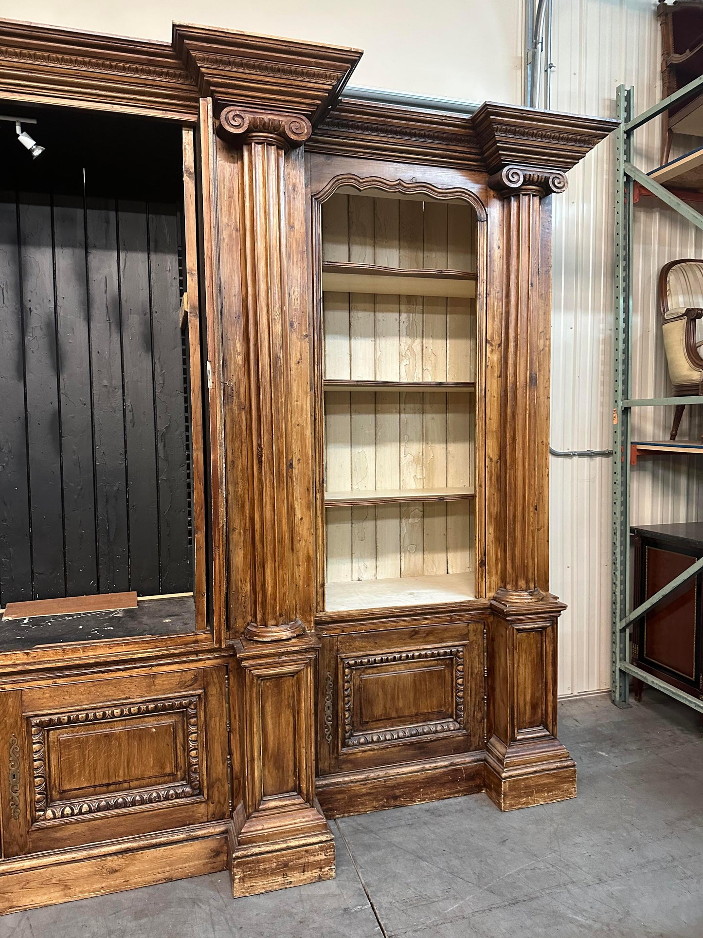 Monumental Carved Pine English Country Paint Decorated Bookshelf Bookcase