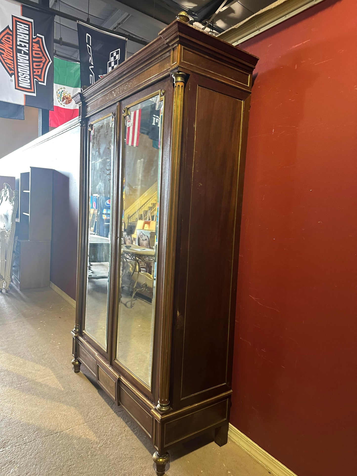 Exceptional Brass Inlaid French Directoire Beveled Mirrored Armoire TV Cabinet