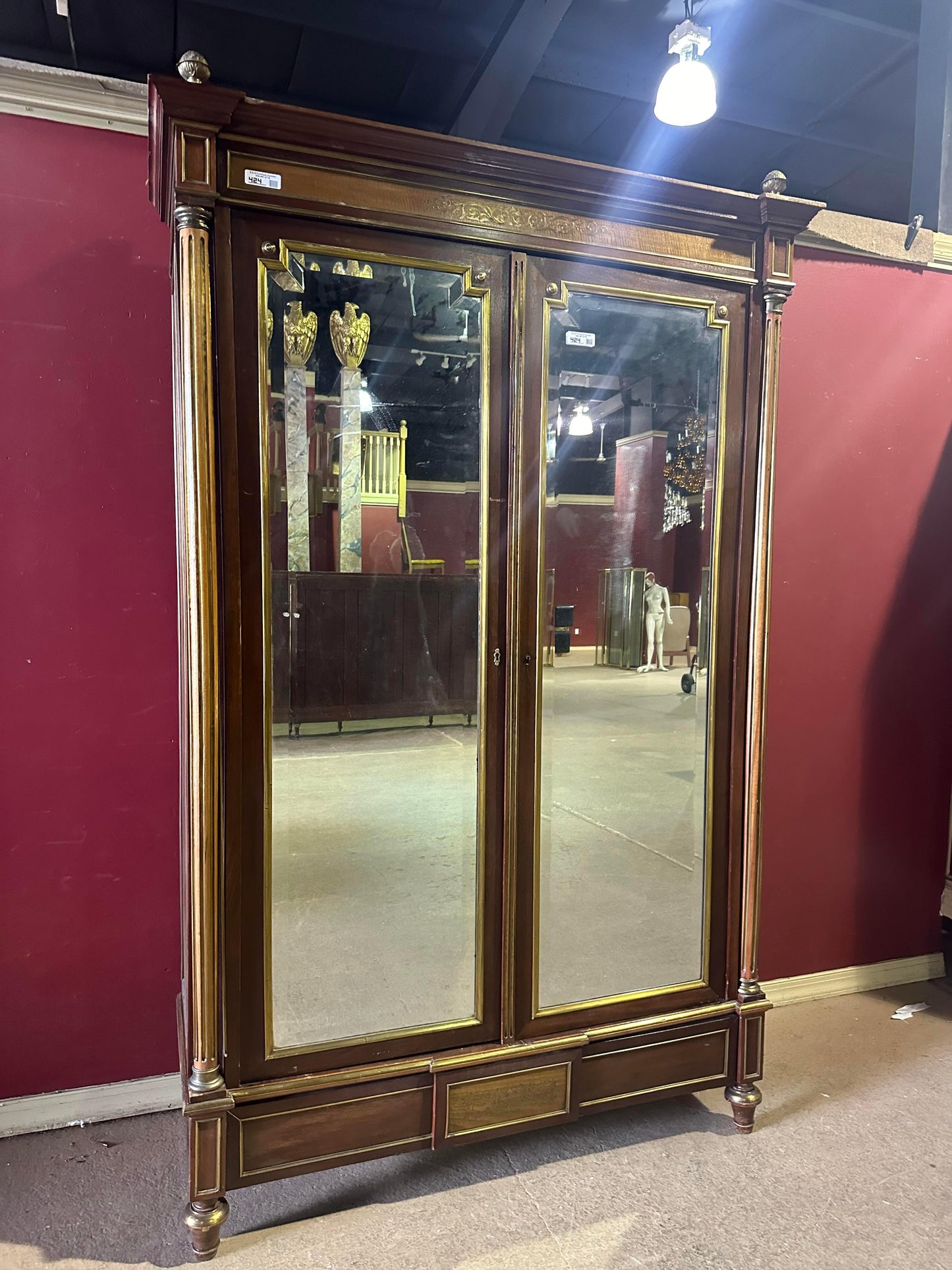 Exceptional Brass Inlaid French Directoire Beveled Mirrored Armoire TV Cabinet