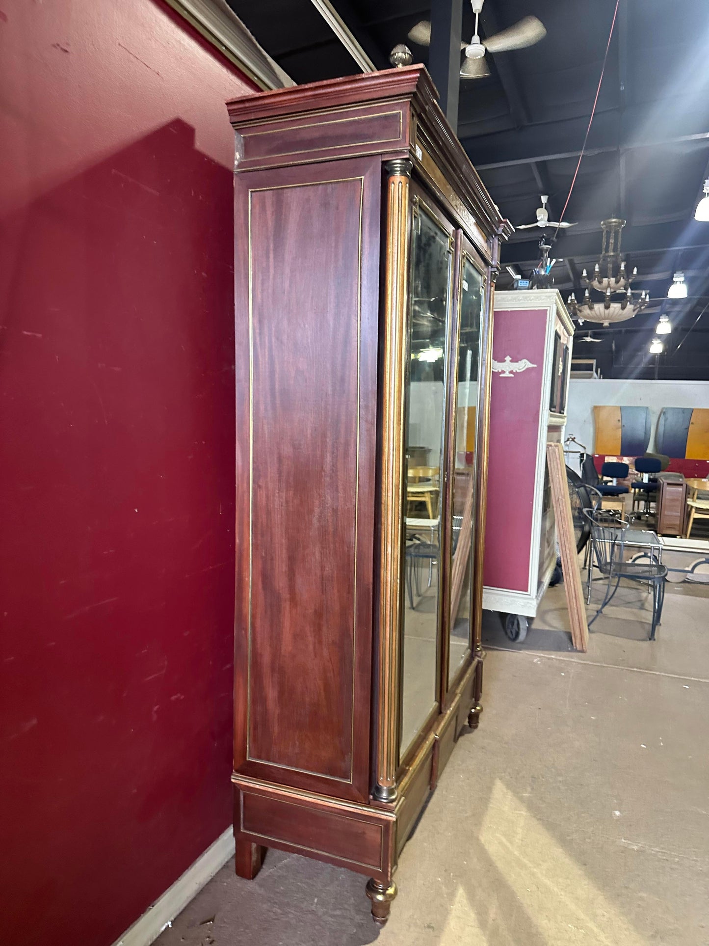 Exceptional Brass Inlaid French Directoire Beveled Mirrored Armoire TV Cabinet