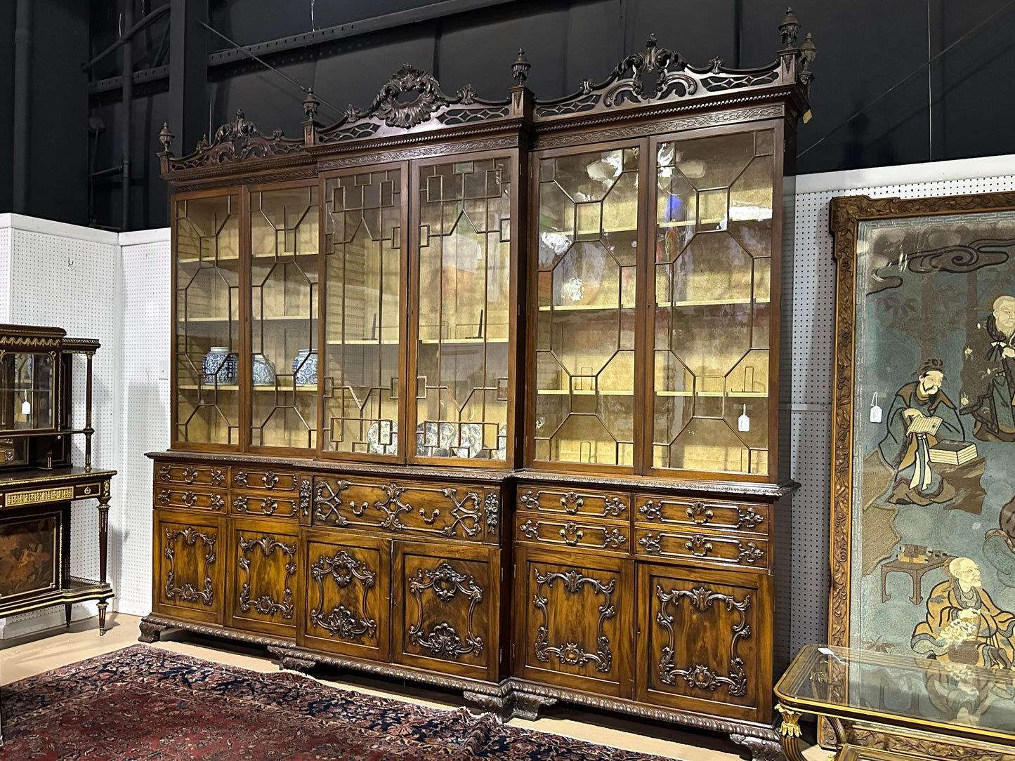 Monumental Antique English Chippendale Carved Walnut Breakfront with Provenance