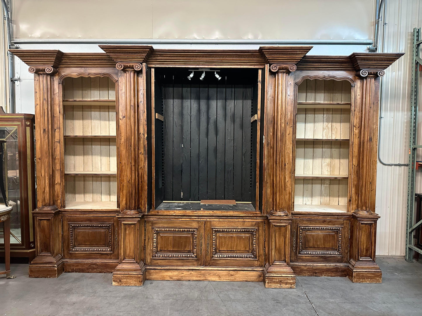 Monumental Carved Pine English Country Paint Decorated Bookshelf Bookcase